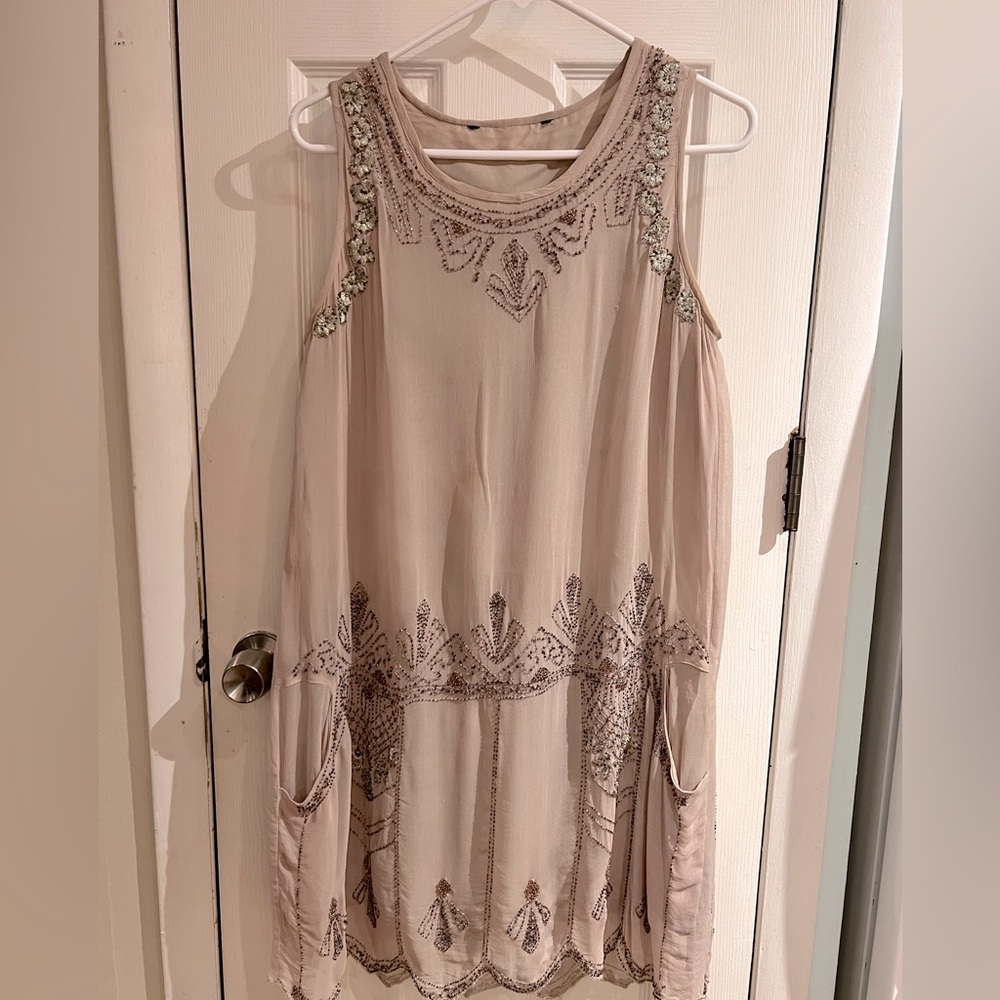 20s Style Nude Beaded Drop Waist Dress - Small - No Tag